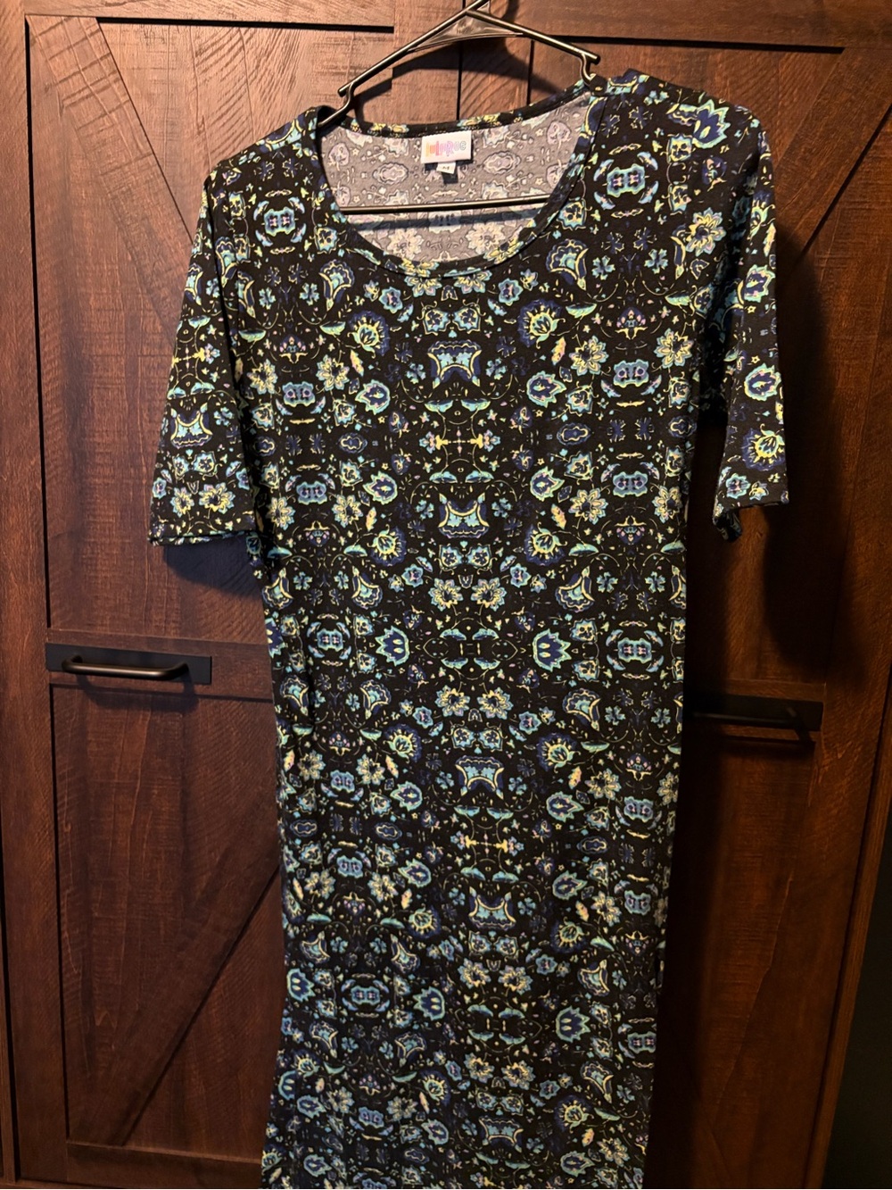 LuLaRoe Black Dress with Blue and Green Floral Motif